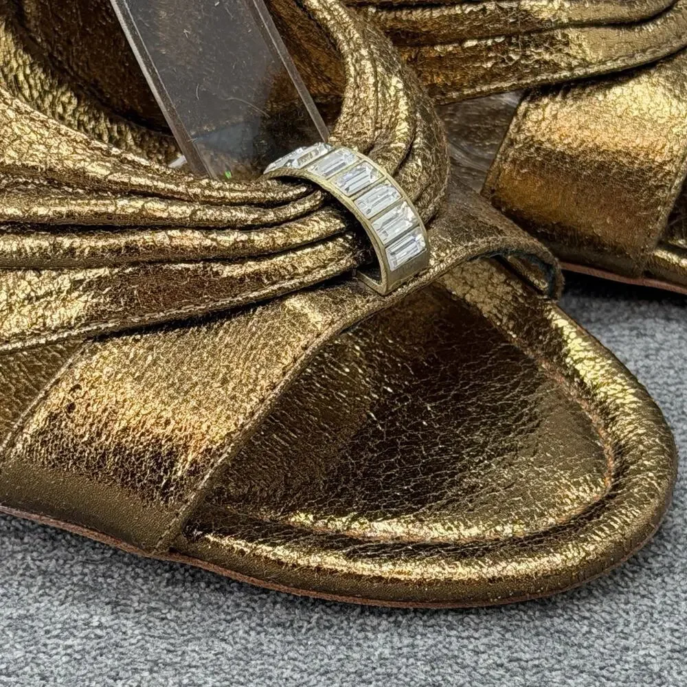 Bourne Leather Slingback Peep Toe Shoes Size 37 Metallic Gold Rhinestone Heels